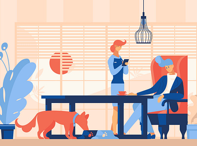 Dog-friendly cafe concept cafe color design flat illustration oversized pet friendly scene sunset vector