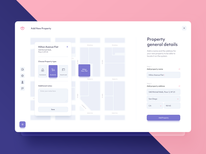 Add Property - UI Design analytics assistance platform dashboad document collaboration dtail studio interactions interface listing location search map tooltip onboarding pin planning project management property real estate reports ui ux web app wizard