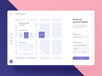 Add Property - UI Design analytics assistance platform dashboad document collaboration dtail studio interactions interface listing location search map tooltip onboarding pin planning project management property real estate reports ui ux web app wizard