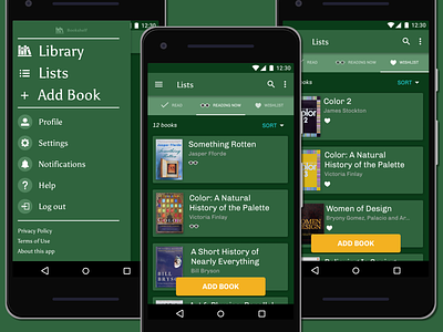Bookshelf Lists Android app branding cards color icon material design ui ux