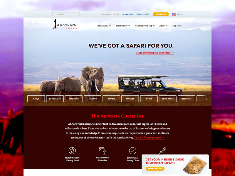 Aardvark Safaris Homepage africa elephant homepage marketing personalized safari trip