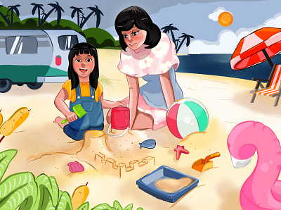 illustration of a little girl playing on the beach artwork character illustration design design character digital illustration graphic design illustration