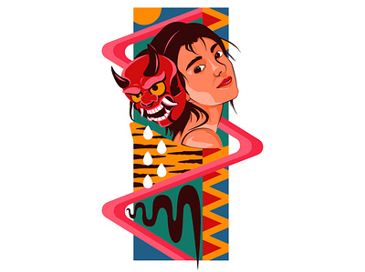 geisha and demon mask artwork character illustration design design character digital illustration graphic design illustration
