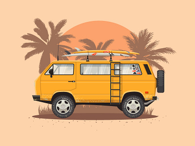 Surf Van beach car drawing flat design illustration summer surf van vector vehicle