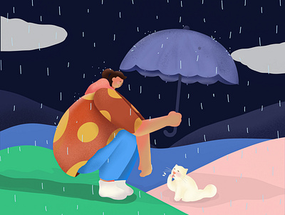 Rainy day cat clouds colours doodle friend giant girl girl illustration jeans landscape pet polka procreate rain umberella vector