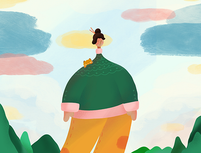 painted sky 2d cat clouds colours daily doodle forest giant girl illustration illustrator minimal sky vector