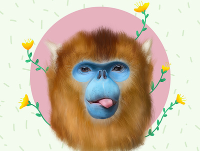 No Monkey Business animal blue cute flower goldensnubnosedmonkey minimal monkey painted procreate yellow