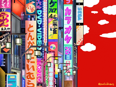 Streets of Japan bright buildings colourful digital art doodle illustration japan japanese style procreate red script signboard street