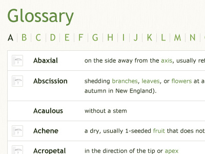Glossary alphabet app definitions glossary green organic plants trebuchet verdana