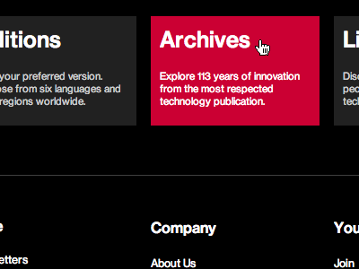 MIT Technology Review - Footer footer hover state lists red