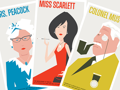 Characters of Clue blue clue illustration mustard peacock scarlett