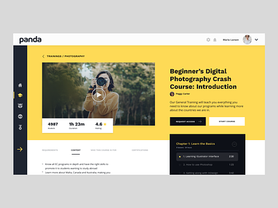 Course Dashboard - Panda Academy academic academy black and white canada classroom course design e-class elearning learning menu minimal panda photography course product ui uiux yellow