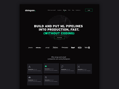 Datagran Home ai algorithm algorithms analytics artificial intelligence big data black branding dark dark mode data datagran green landing page landing page concept machine learning modern pipeline pipelines
