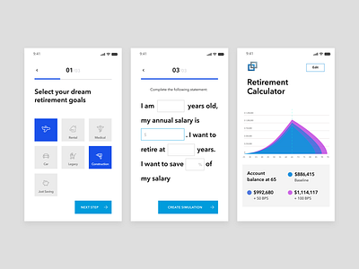 Retirement Calculator for Capital Group American Funds american funds analytics blue calculator calculator app charts conversational conversational design dashboard dream goals financial dashboard fintech form investing money natural form retirement savings simulation