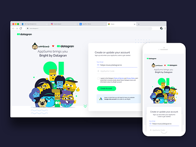 Appsumo + Datagran registration page ad optimizer ai analytics appsumo artificial intelligence audiences big data bright character ilustration charts datagran digital product form illustration landing landingpage login marketing sign in signup