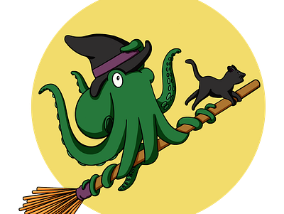Time To Fly cat childrens illustration halloween illustration kidlit octopus procreate witch