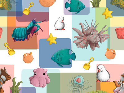 Animal Alphabets Color Block Repeating Pattern childrens illustration fish illustration pattern procreate repeating pattern sea life