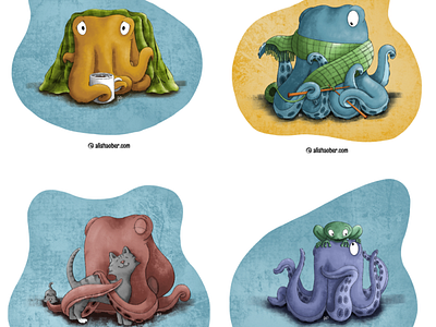 Octopus set 2 cat childrens illustration frog illustration kidlit kitten kitty knitting octopus procreate