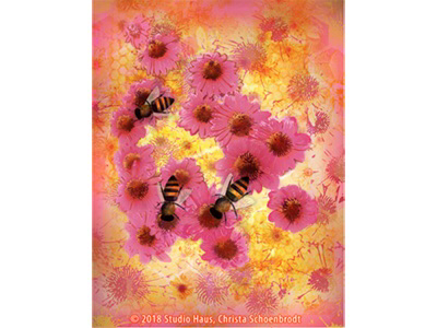 Flowers and Bees on Orange bees. daisies digital art mixed media