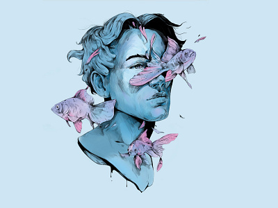 face vol_03 artwork blue digital art eyes face fish hair illustration look pink wacom water water color