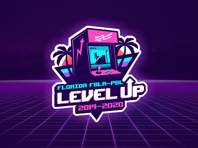 Florida FBLA-PBL 2019-2020 - Level Up (logo) 1980s 80s arcade branding cyberpunk event florida gaming logo logo design mascot mascot logo miami neon neon colors retro retrowave synthwave