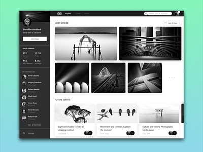Photography Meetup Group Dashboard app black white branding darkmode design designer flat identity minimal photography sketch type typography ui ux web website wireframe