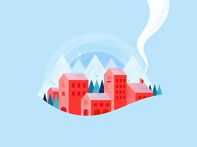 the village on the snow-caped mountains blue chimney doodle graphicdesign graphics illustration mountains orange ski village smoke teal vector village winter