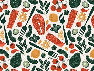 Healthy food branding fork healthy illustration keto pattern retro salmon seamless pattern textured vector vintage xara