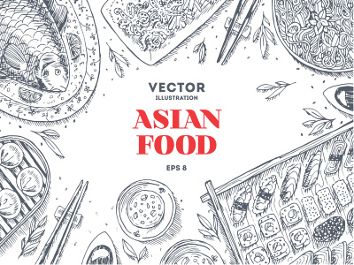 Asian Food asia fish food illustration ink line shutterstock sushi table vector xara