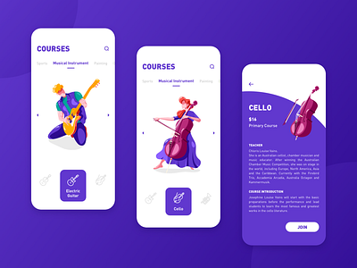 Extra Curricular Courses app blue cello class course app electric guitar female guitar icon illustration male musical instrument purple ui