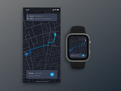 Map UI app apple applewatch dark design iphone iphonex location maps navigation ui ux watch ui