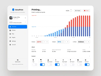 3D printer manager – dashboard 3d print 3d printer admin admin panel app chart dashboard design interface ios ipad octopi octoprint side bar ui web