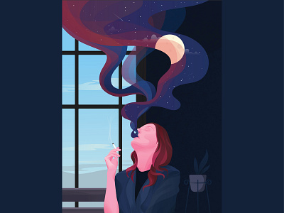 The Day Dream dream dribbblers illustration moon plant purple smoke star texture window women