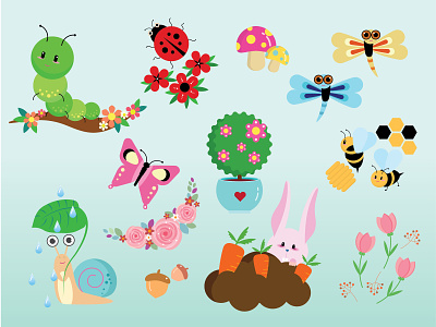 Garden Set 1 01 bunny butterfly dragonfly flower garden gardening icon illustrator insect plant plant illustration pot