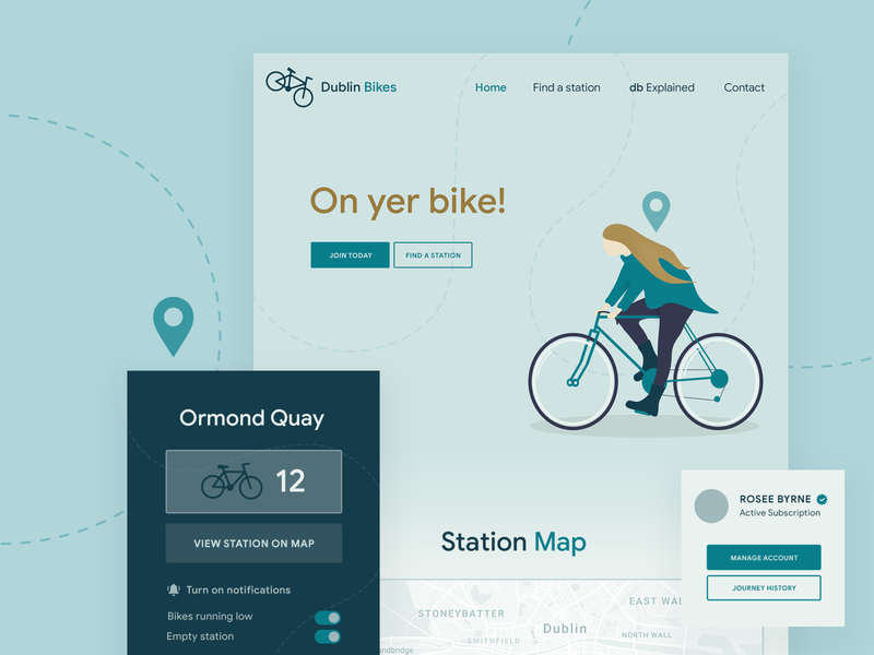 Dublin Bikes Redesign Concept bike design creative gradient branding ui ireland notifications live updates apple accounting homepage illustration dublin bikes dublin