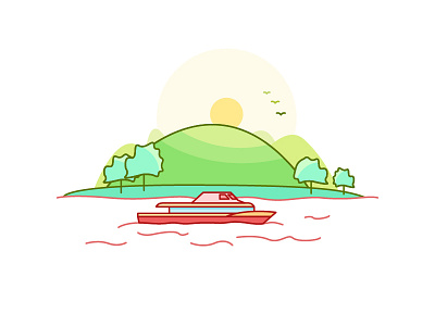 Tourism illustrations mountains sea ship sunlight tourism trees