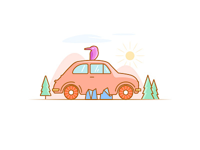 Travel automobile bird illustrations mountains sunlight travel trees