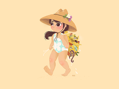 Fishing bathing suit beach fishing girl hawaii illustration