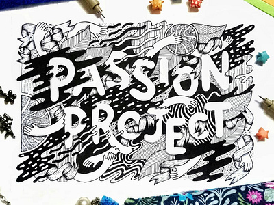 Passion Project analog blackandwhite detailed hand drawn hand lettered hand lettering hands illustration illustrative lettering ink pen intricate planet ribbons space whimsical