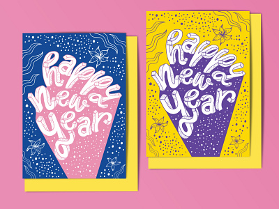Happy New Year 3d lettering blue botanical bubbles celebration celestial florals greeting card hand lettering illustration illustrative lettering intricate pink playful purple seasonal typography whimsical yellow youthful