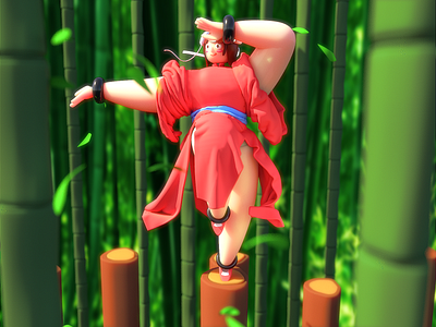 CN Kungfu art 3d bamboo c4d china design female forest green illustration martial art red render wood