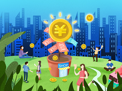 Gold coin scene illustration gold