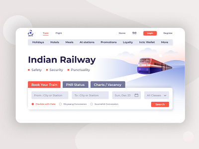 IRCTC UI Design Concept. branding design homepage illustration indianrailways interfacedesign irctc landingpage mainpage minimal typography ui uidesign uidesigner uiillustration ux web design webillustration website concept website design