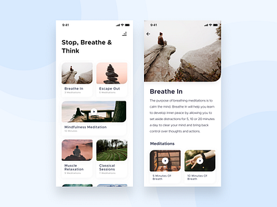 Meditation App 🧘🏻‍♀️ app application beathe breathing card design clean interface figma meditation mindfulness mobile application relaxation think ui ux ui design ux design