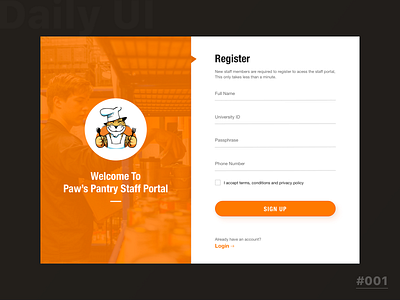 Sign up form for University Food Pantry - Staff Portal