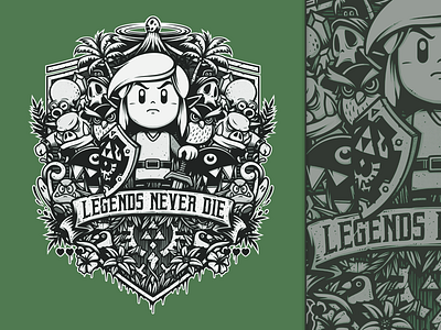 Legends Never Die cartoon design game gamer illustration line art link t shirt tee typo typography vector videogame