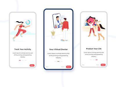 Onboarding screens beach branding character concept design doctor illustration minimal onboarding production red running tracker virtual