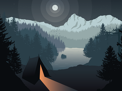 Last day of summer camping camping color illustration lake landscape moon moonlight mountain nature night silhouette trees vector