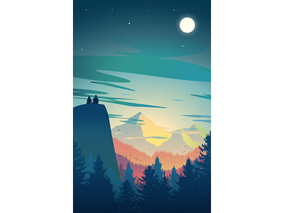 Two people in awe of nature color dusk illustration landscape lights moon moonlight mountain nature night silhoutte trees vector