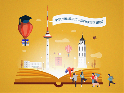 Inspire the youth airballoon book buildings city director education illustration landscape lithuania notebook people school vector vilnius youth